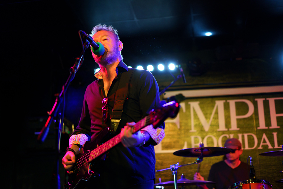 Pete Moran on bass and backing vocals with The Climate Stripes (The Empire, Rochdale, July 2022) (Photography by Erica Waugh)