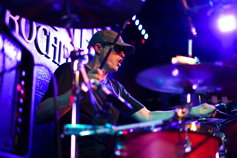 Tony Fitzgerald on drums with The Climate Stripes (The Empire, Rochdale, July 2022) (Photography by Erica Waugh)